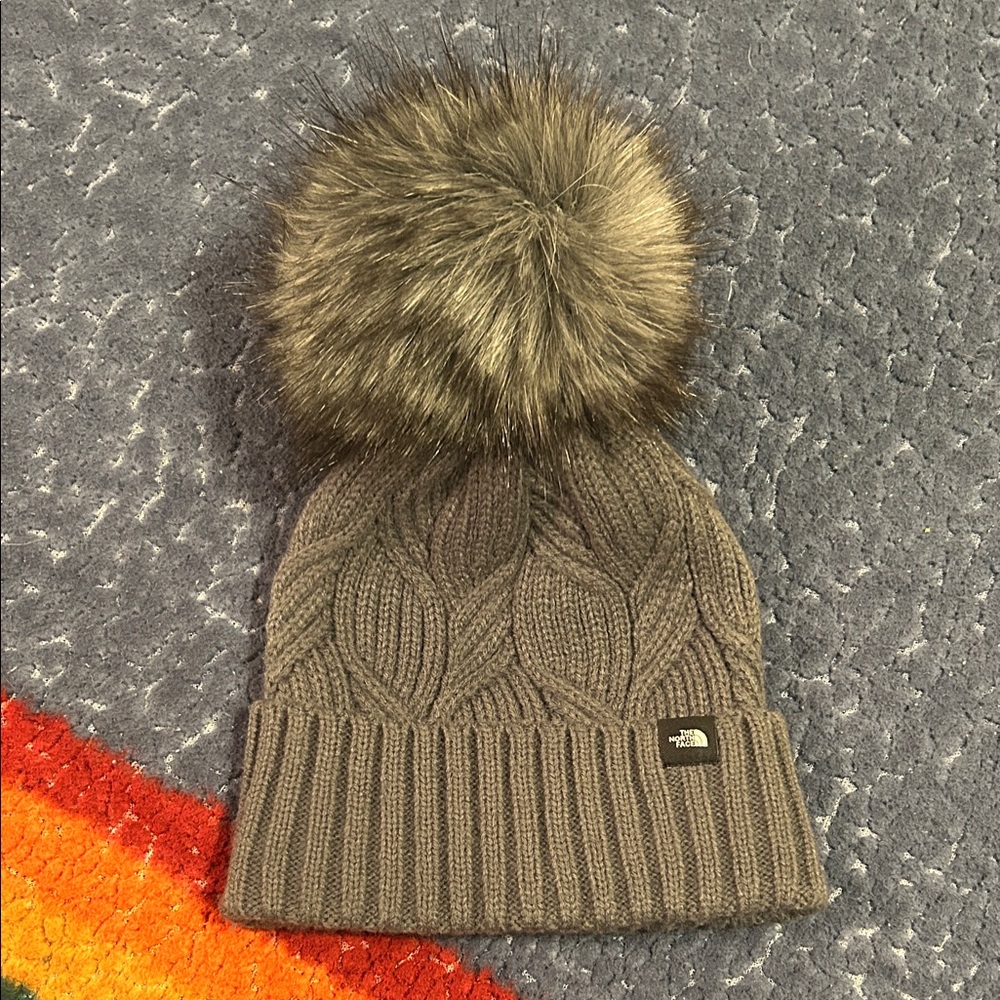 The North Face Charcoal Knit Beanie with Faux Fur Pom